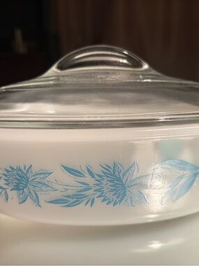 Vintage 1960’s Blue Thistle Divided Casserole by Glasbake
